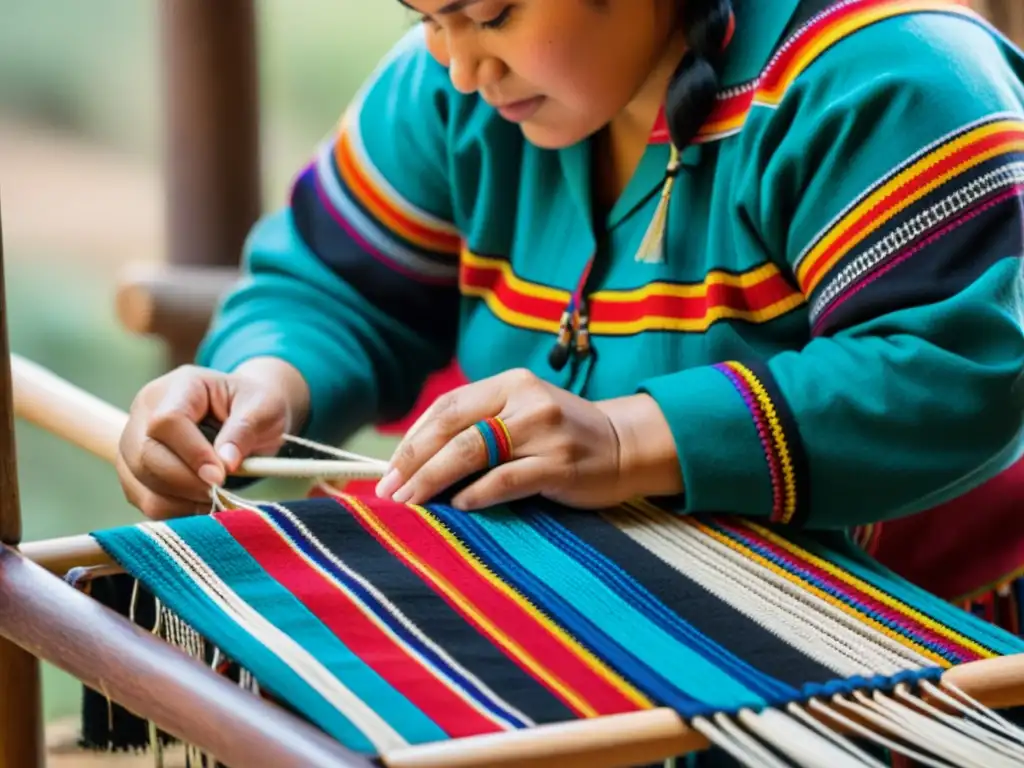 Artesana Mapuche tejiendo indumentaria tradicional en telar de madera, mostrando resistencia cultural y tradición