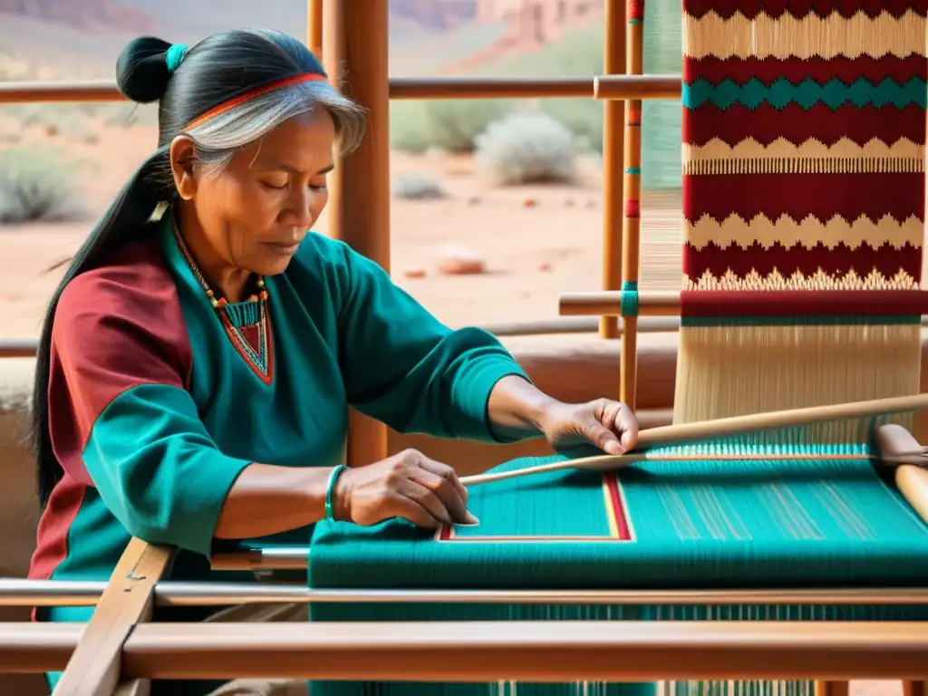 Una artesana Navajo teje con destreza una colorida tela en telar de madera, usando técnicas y materiales moda Navajo