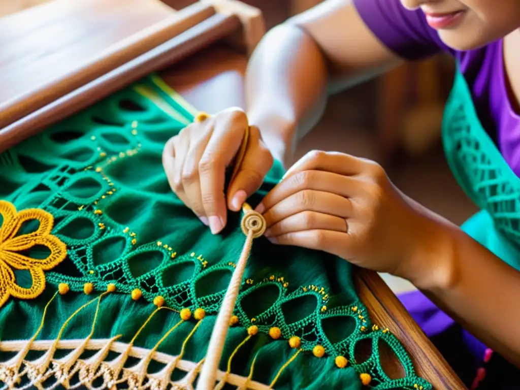 Una artesana paraguaya teje encaje con destreza, rodeada de hilos y herramientas, en su taller