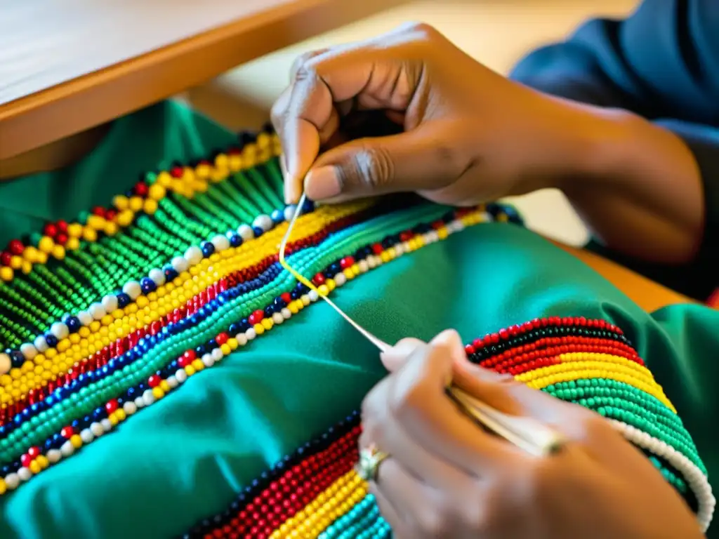 Una artesana Sioux cose meticulosamente coloridas cuentas en una prenda tradicional, mostrando la estética distintiva de la moda Sioux