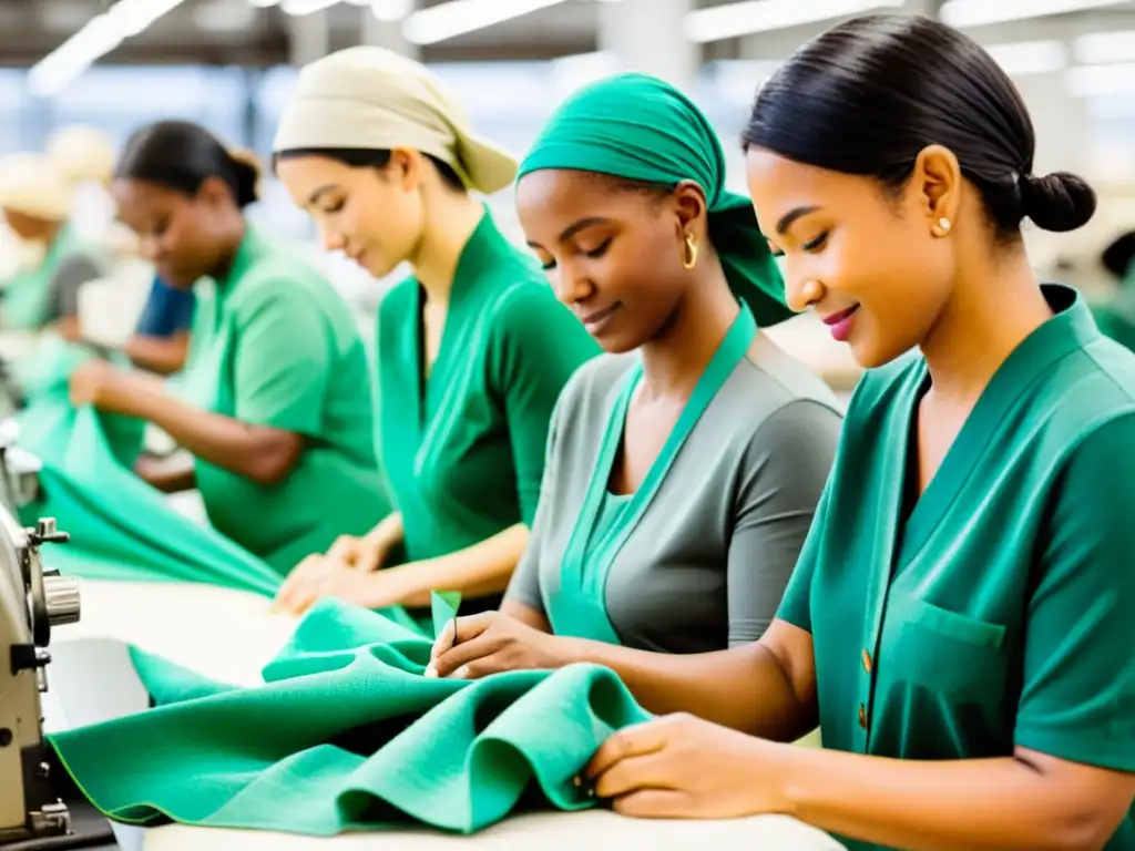 Artesanas de Eileen Fisher cosen con cuidado prendas de moda ética en un taller amplio y luminoso, mostrando su legado en la confección sostenible