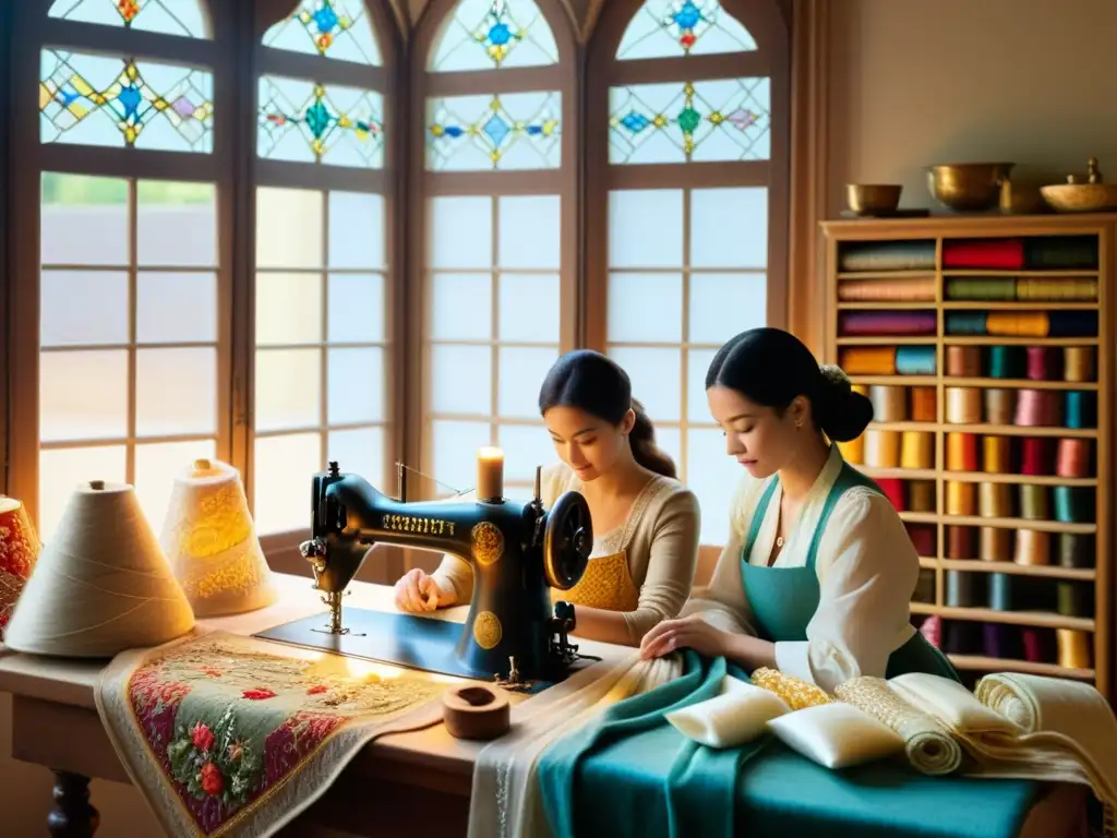 Artesanas renacentistas en un taller de costura, mostrando la evolución de técnicas de moda y la historia de la costura