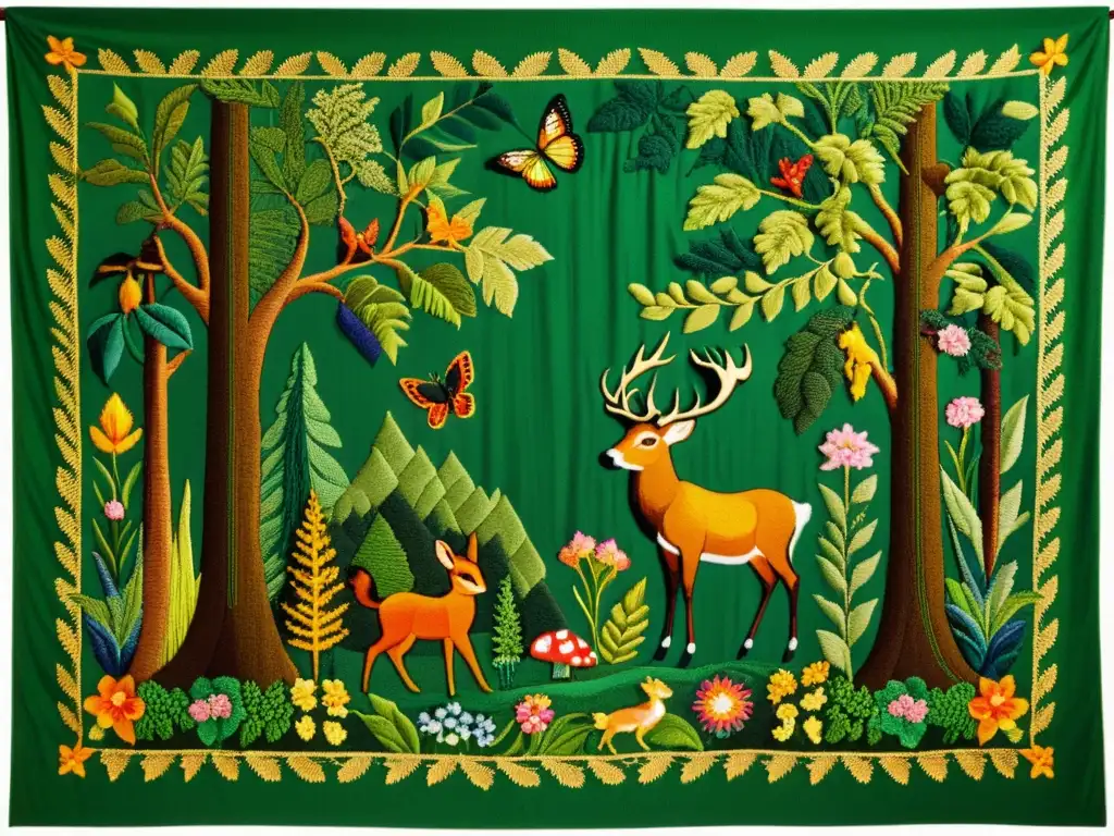 Artesanía en la moda sostenible: Tapestry de bosque vibrante con flora, fauna y detalles meticulosos, reflejando la belleza natural