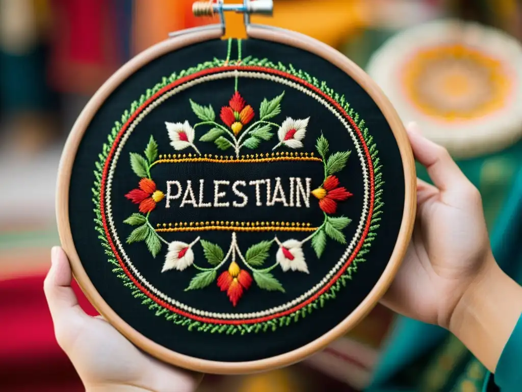 Una artesanía palestina tradicional: bordado meticuloso con colores vibrantes en un ajetreado mercado palestino, reflejando la historia y el significado de los bordados palestinos