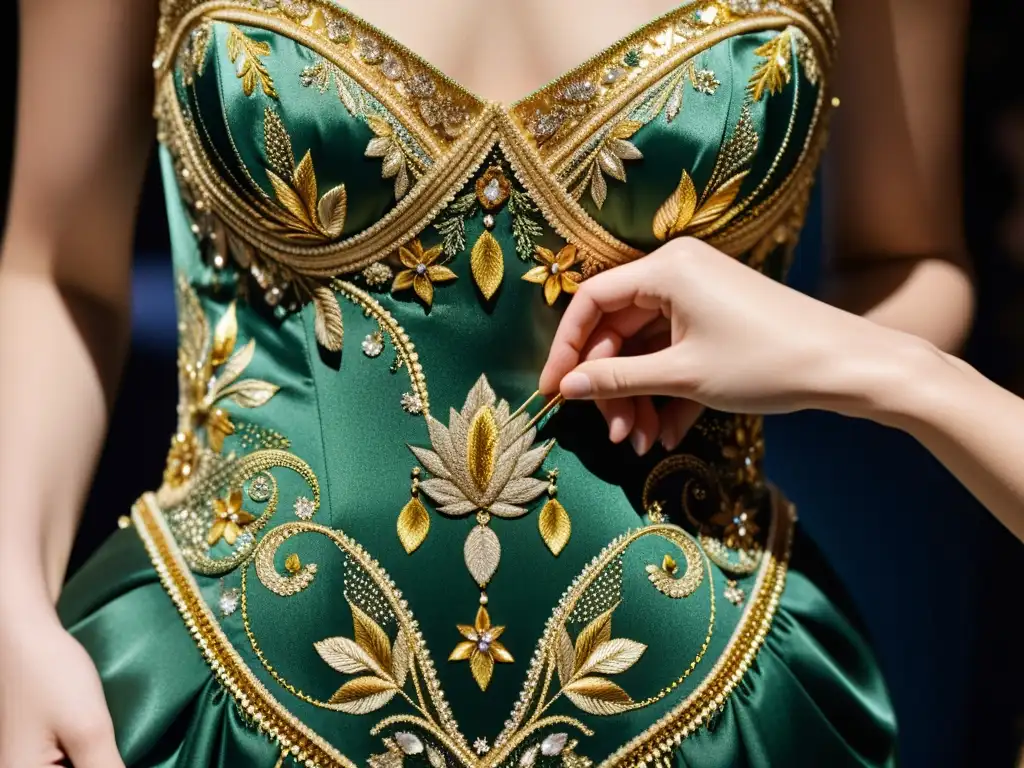 Un artesano de alta costura borda a mano un exquisito vestido de lujo con tendencias actuales