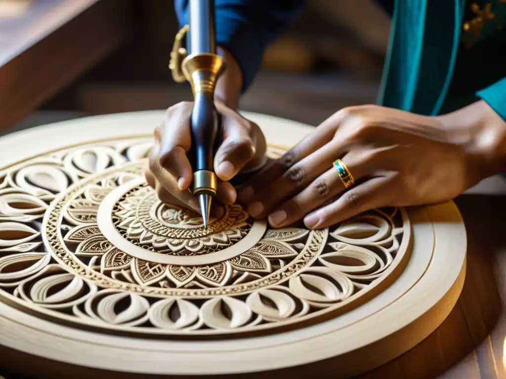 Artesano asiático tallando con destreza diseño lujo artesanía, evocando dedicación y herencia en su trabajo