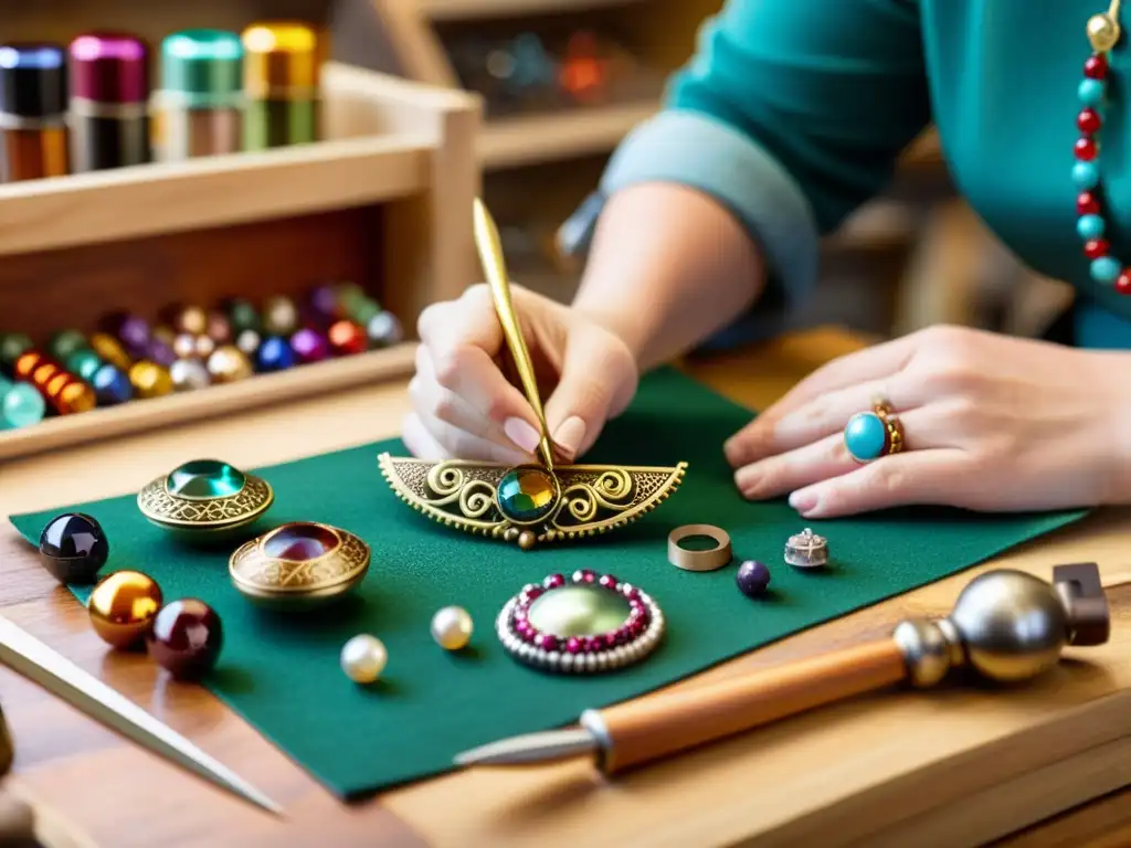 Artesano crea broche tradicional con técnicas de metalurgia, rodeado de materiales y herramientas en banco de madera