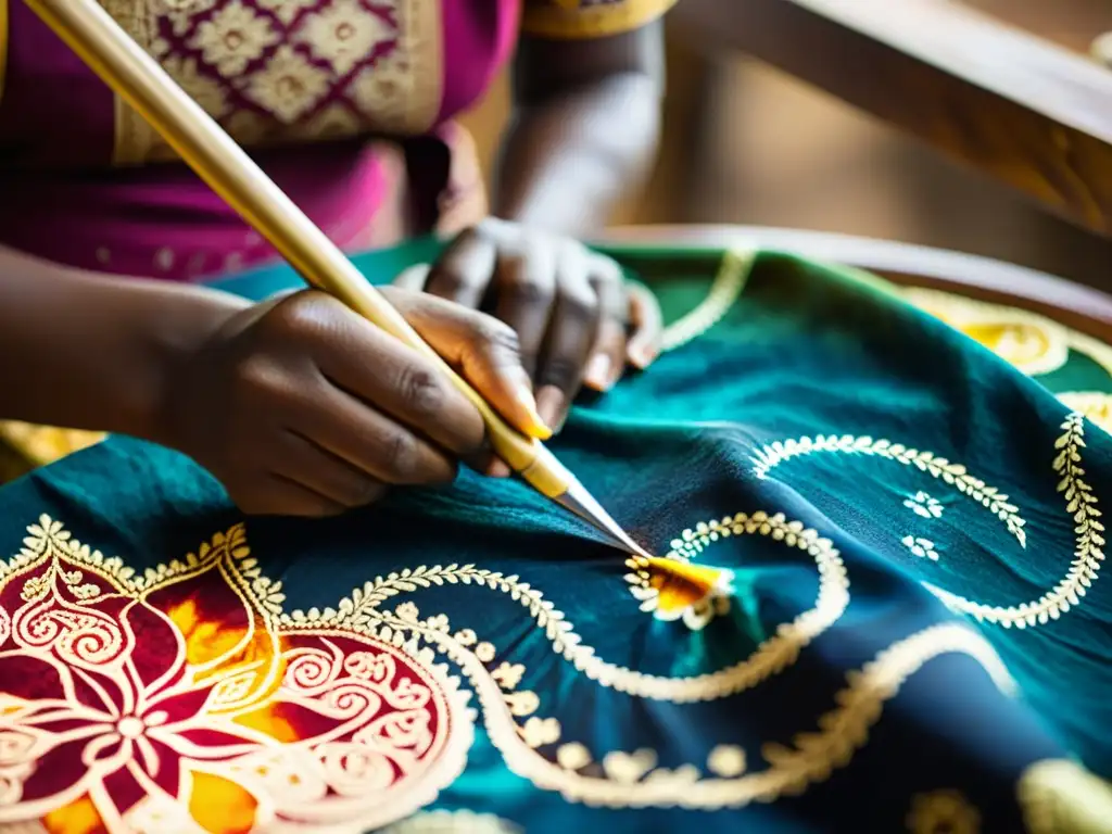 Artesano aplicando cera caliente a tela, creando patrones de batik