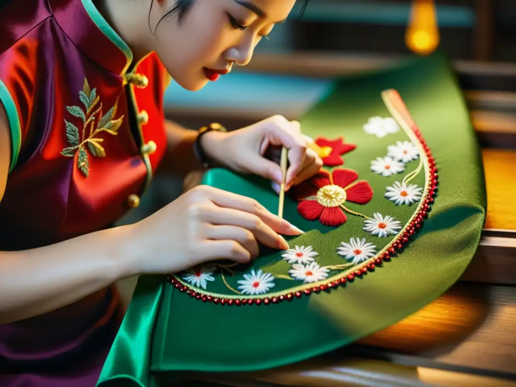 Un artesano chino confecciona con destreza un Cheongsam, reflejando la historia, moda y papel cultural de China