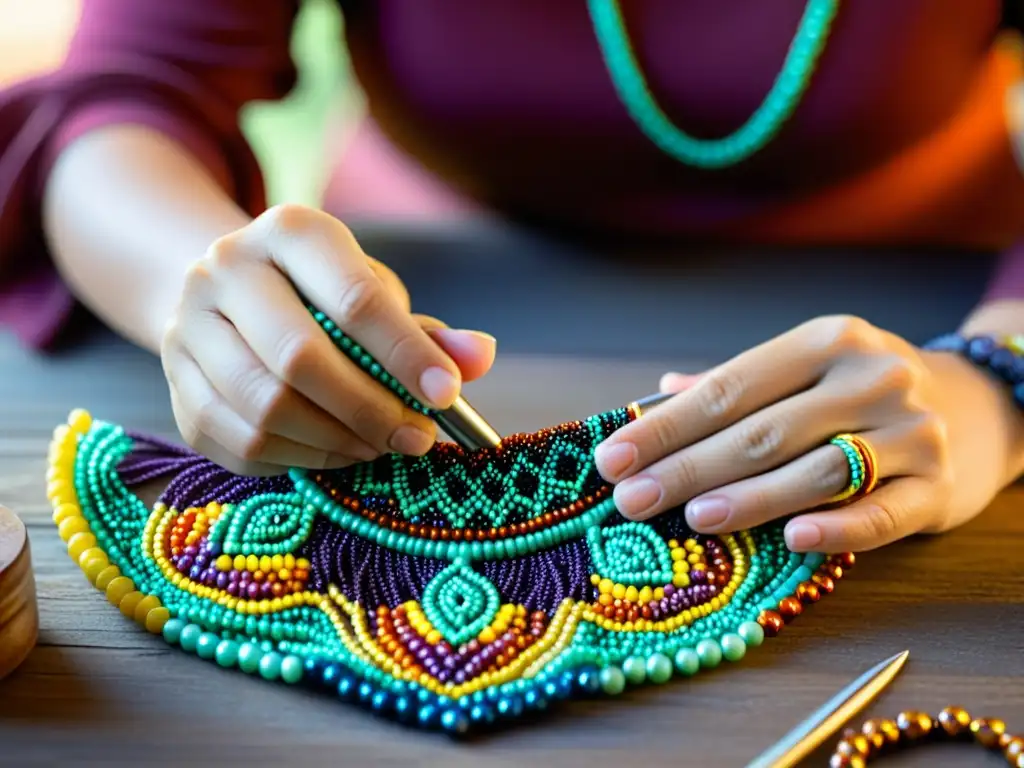 Un artesano crea delicadamente un collar de bisutería con cuentas coloridas, iluminado por luz natural