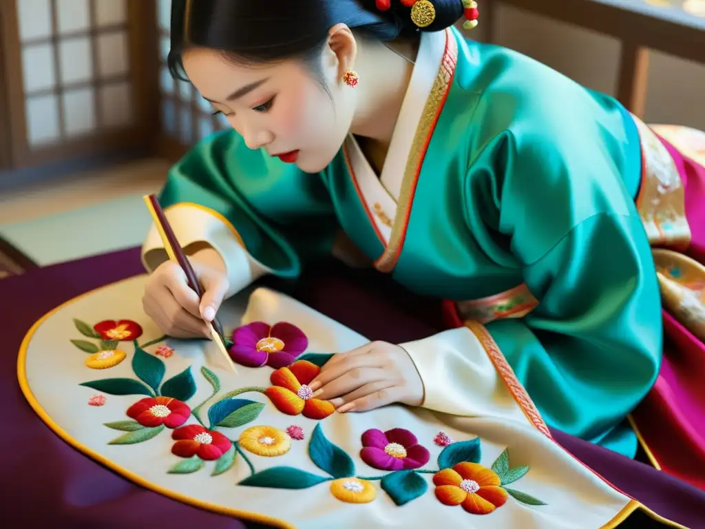 Un artesano coreano confecciona un hanbok, mostrando la influencia del Confucianismo en la moda coreana