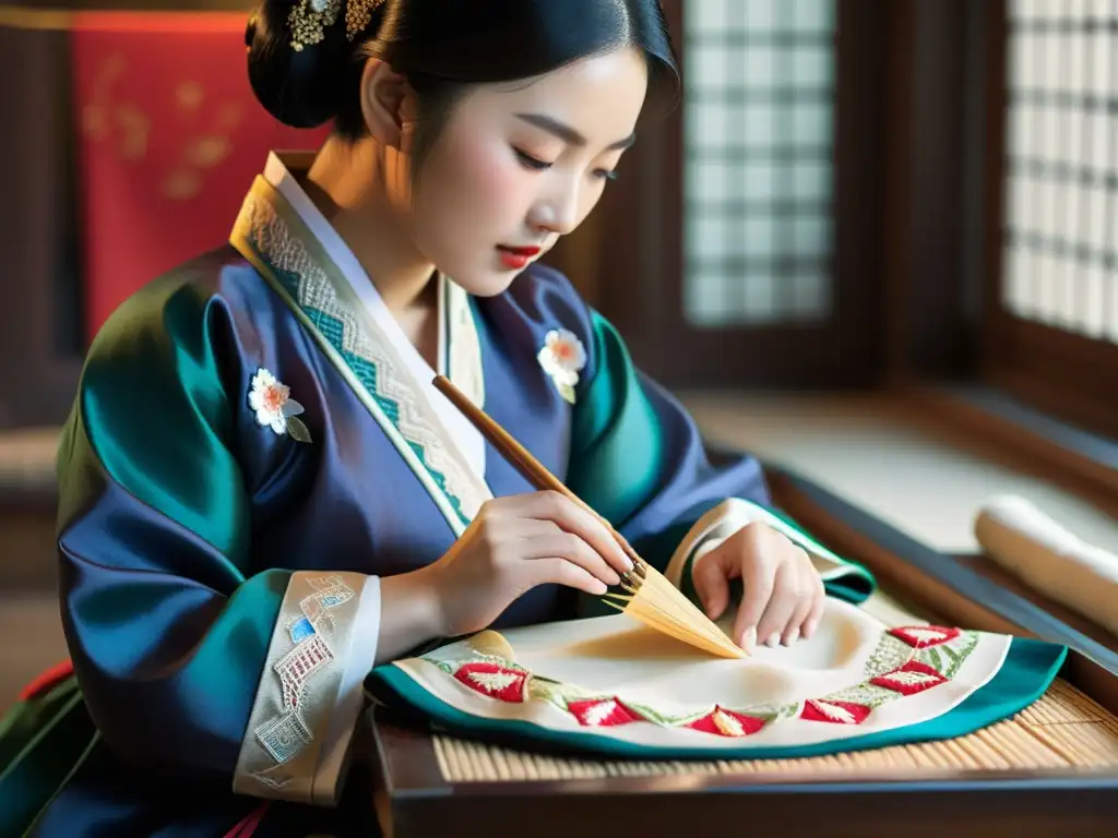 Un artesano coreano confecciona un hanbok tradicional, mostrando influencia del Confucianismo en la moda coreana