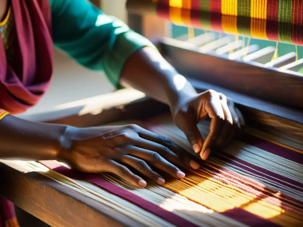 Artesano hindú tejiendo con cuidado un hermoso Khadi, captando la esencia del Renacimiento del Khadi en India