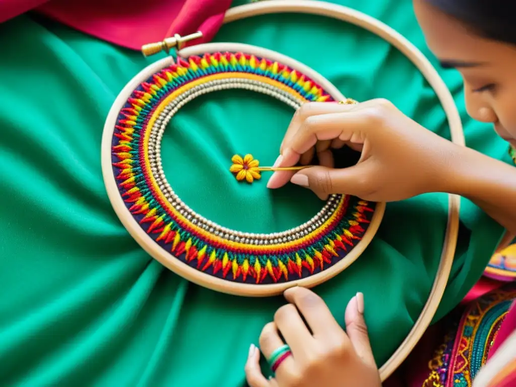 Un artesano borda con cuidado un patrón vibrante en un textil, resaltando el significado cultural de bordados étnicos