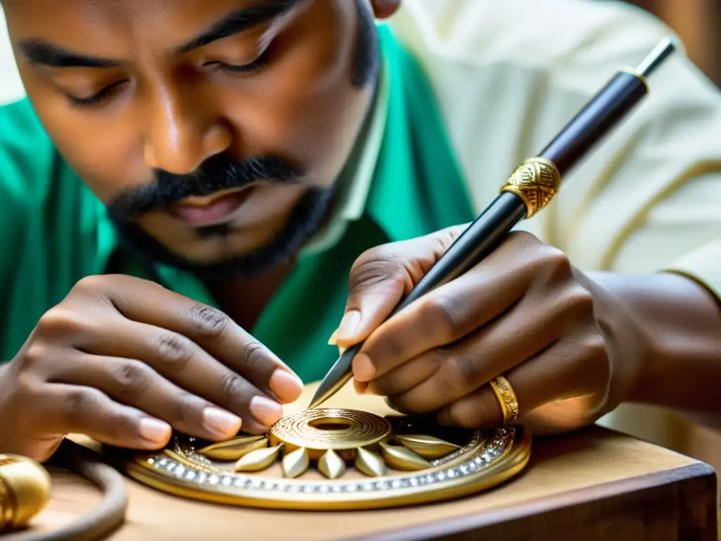 Un artesano hábil elabora con delicadeza una lujosa joya, resaltando las técnicas ancestrales en la artesanía de joyería de lujo contemporánea