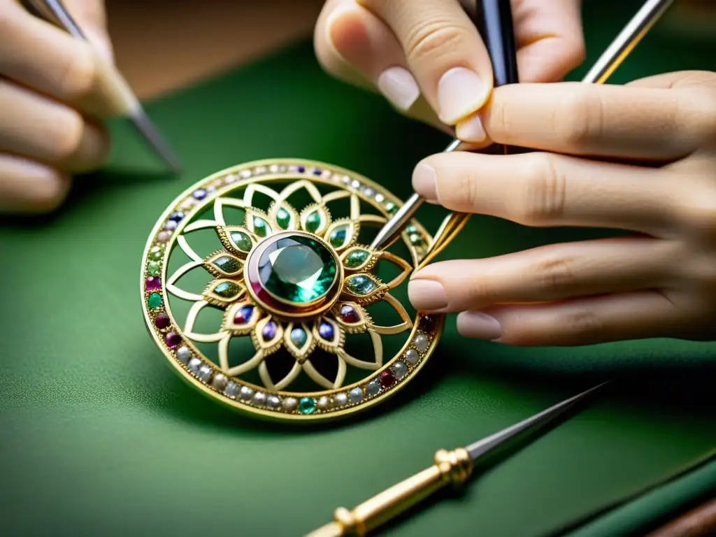 Un artesano restaura con destreza un broche antiguo, resaltando la historia de la joyería funcional