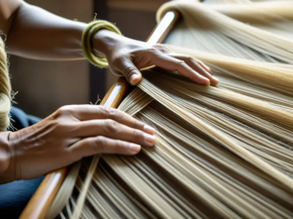 Tejido artesanal de cáñamo: detalle y sutileza Un artesano teje con destreza fibras de cáñamo, resaltando los beneficios del cáñamo en moda con un patrón intrincado y sostenible