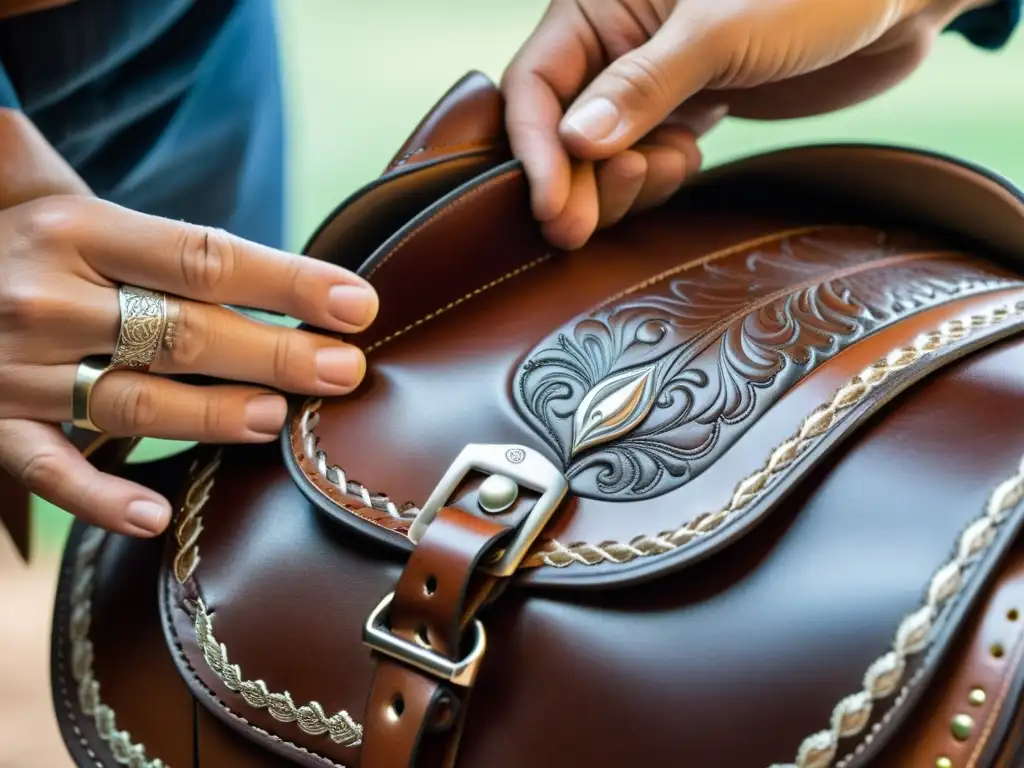 Un artesano crea con destreza una silla de montar de cuero, destacando las técnicas de confección moda ecuestre con elegancia artesanal