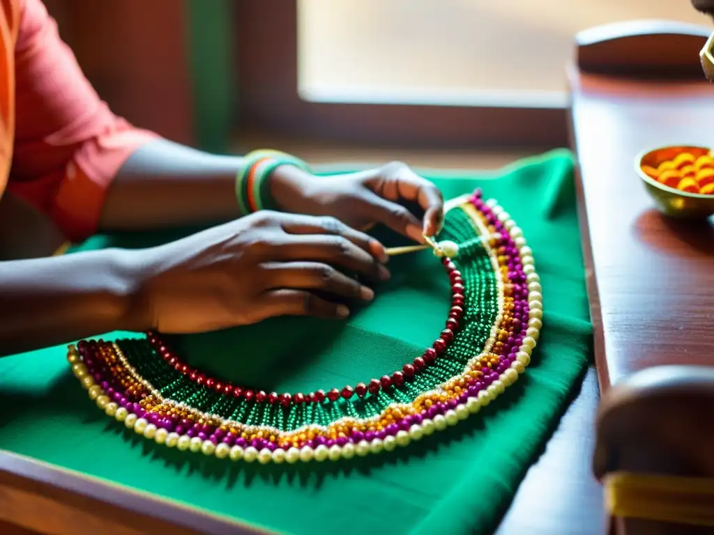 Artesano hindú elaborando detallado collar, reflejo de la impactante historia de la bisutería india y su legado cultural