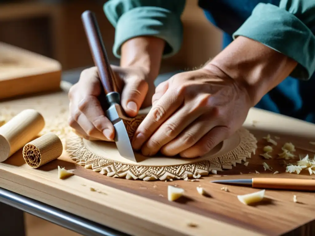 Un artesano tallando con precisión diseños en madera, con destellos de luz natural