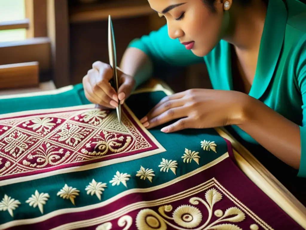 Artesano estampa con simbolismo, detalle y color una tela en taller tradicional de moda