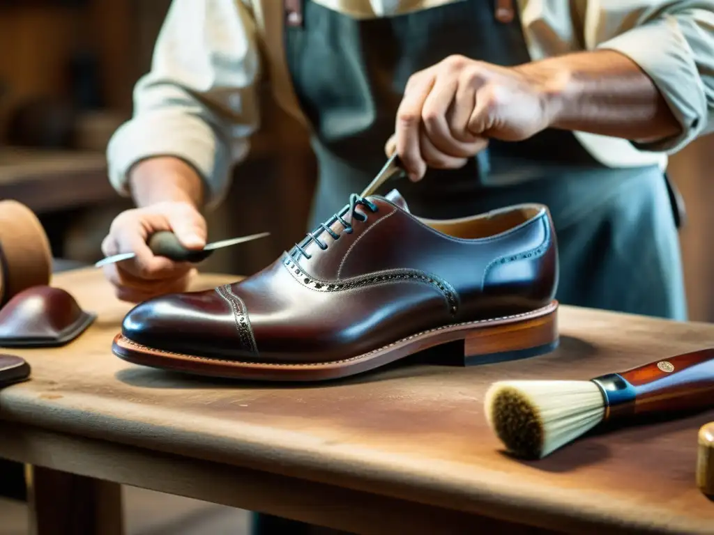 Un artesano experimentado da brillo a unos elegantes zapatos Oxford, resaltando la rica piel