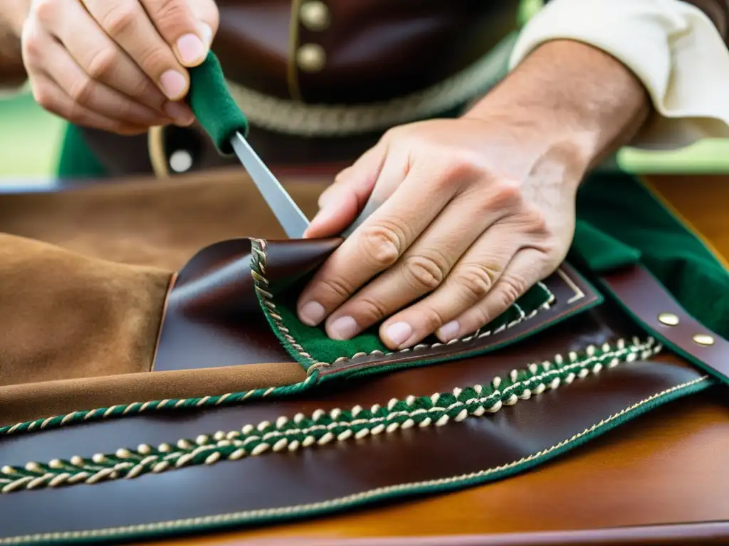 Un artesano experimentado cose con destreza un Lederhosen de cuero