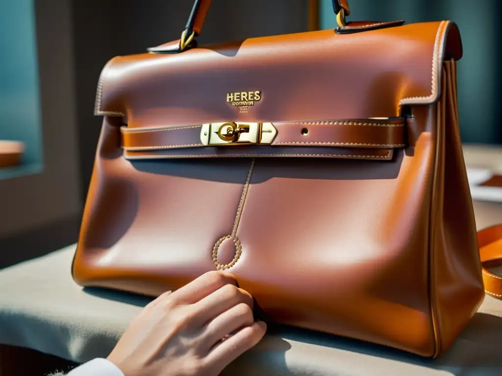 Un artesano experto crea meticulosamente un bolso Hermès, mostrando la historia de la moda Hermès en cada detalle artesanal y el lujo del cuero