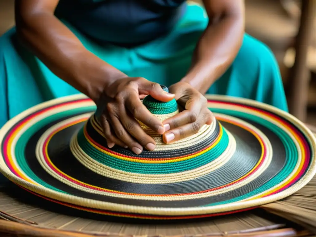 Un artesano experto teje con caña flecha un sombrero vueltiao, destacando su significado cultural