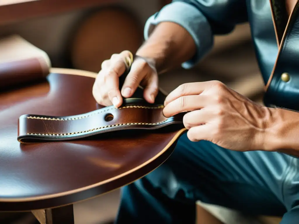 Un artesano experto transforma un cinturón en moda con precisión y dedicación, resaltando la artesanía y la textura del cuero de alta calidad