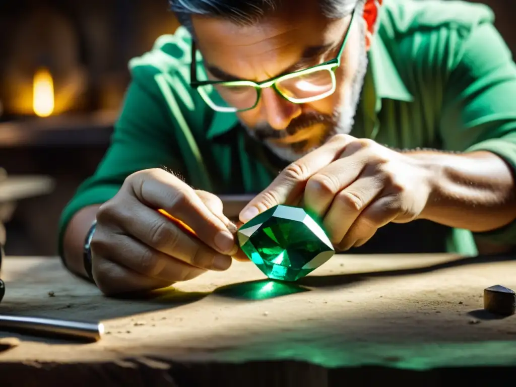 Un artesano experto examina y corta con cuidado un raro y vibrante esmeralda verde en un taller rústico y tenue