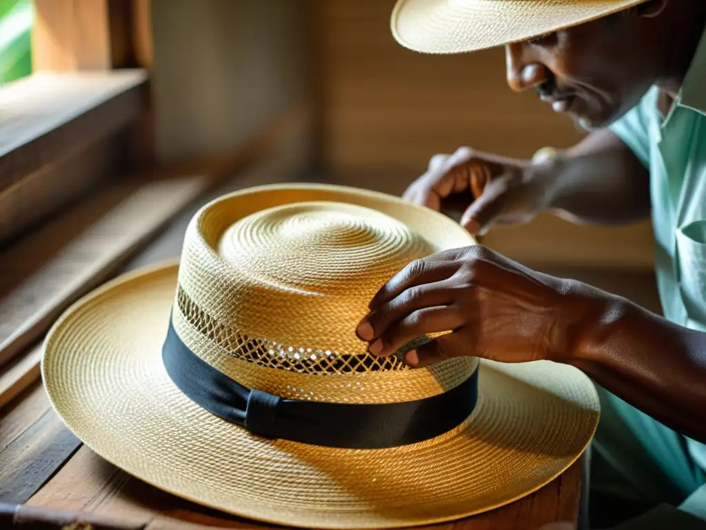 Un artesano experto teje con cuidado fibras de paja para crear un sombrero Panamá auténtico, iluminado por una cálida luz natural