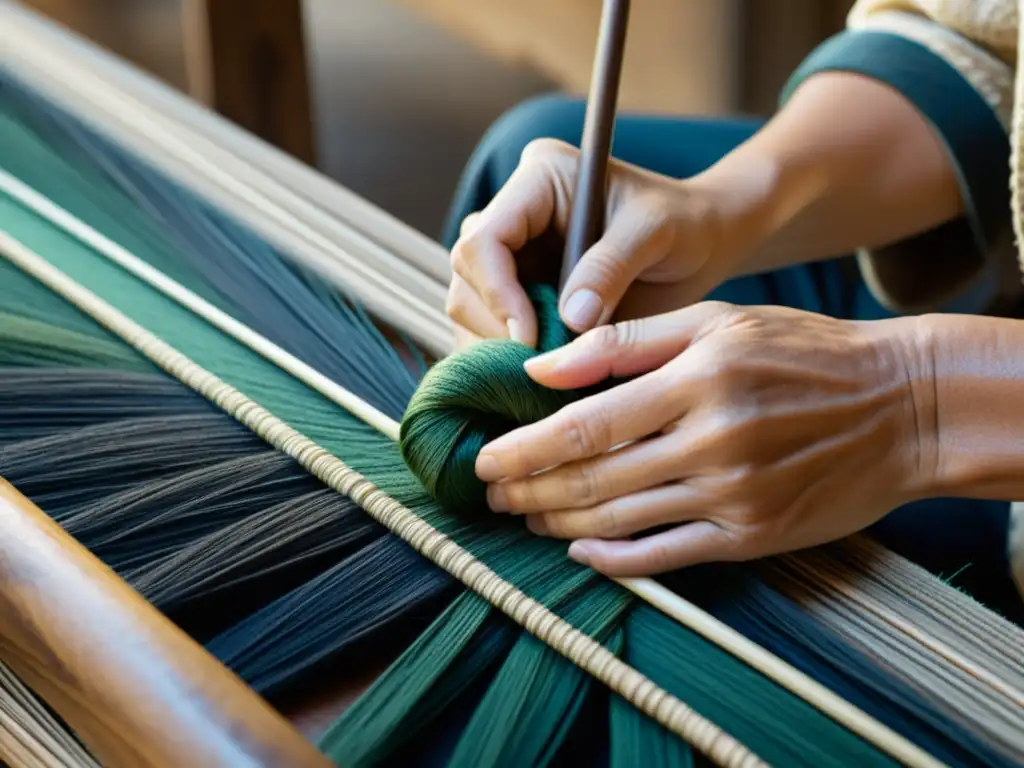 Un artesano experto teje con cuidado materiales olvidados, reviviendo la moda con detalle exquisito