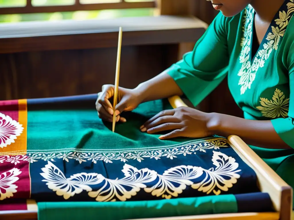 Un artesano experto tiñe con cuidado un textil de batik, con colores vibrantes y patrones intrincados, mostrando el impacto del batik en moda