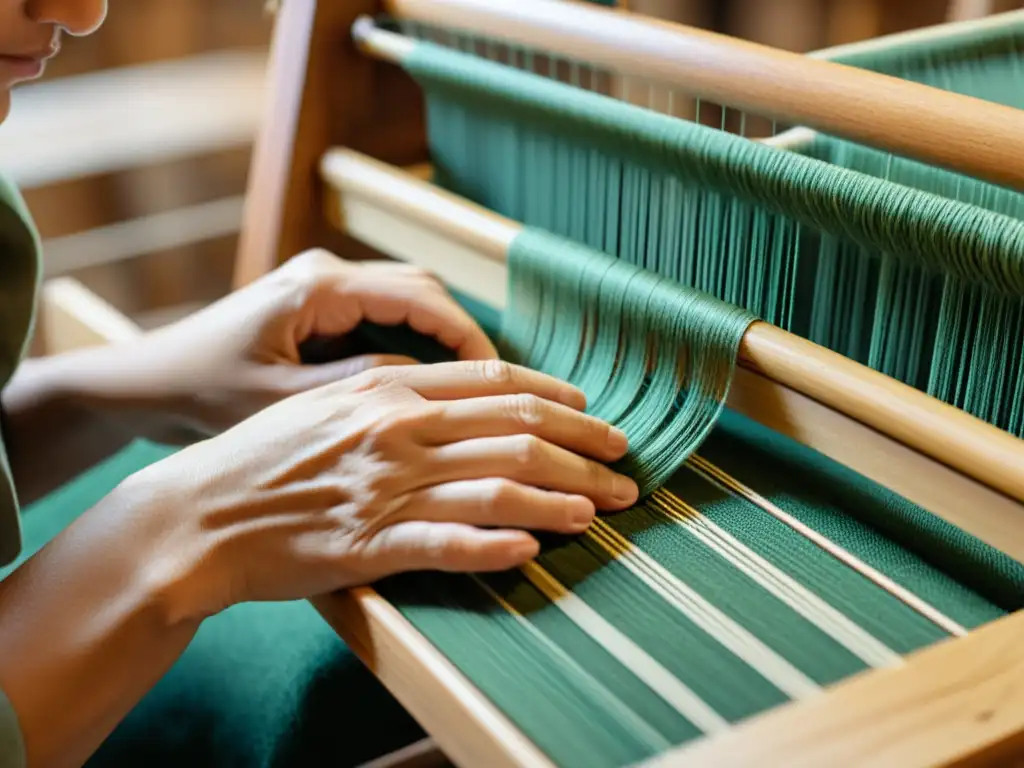 Un artesano experto teje con destreza hilos de lino en un telar de madera, mostrando las Innovaciones en la versatilidad del lino