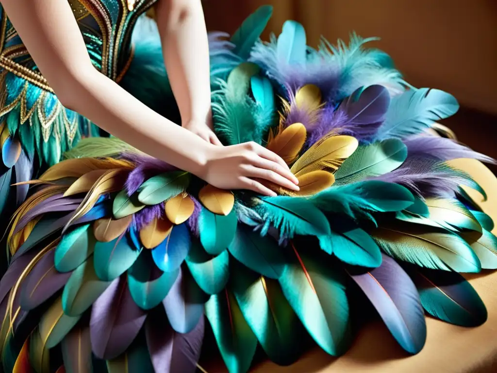 Un artesano experto confecciona con destreza un lujoso traje de plumas, capturando las técnicas de confección de plumas en moda con maestría