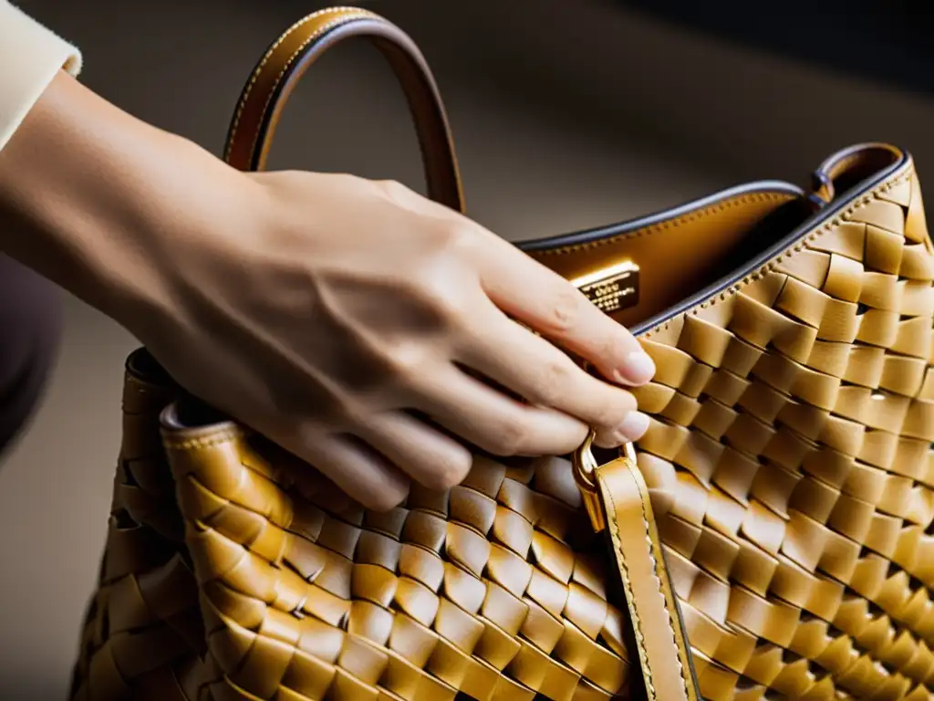 Un artesano experto teje meticulosamente una elegante cartera de Bottega Veneta, destacando la artesanía y elegancia que define la marca de lujo