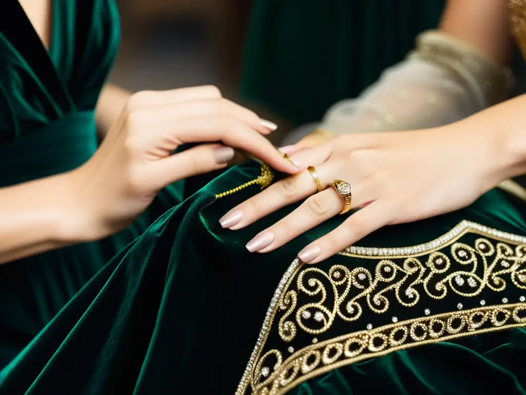 Un artesano experto cose con hilo de oro una elegante prenda de noche de terciopelo, exudando elegancia y destreza en la creación de moda de lujo