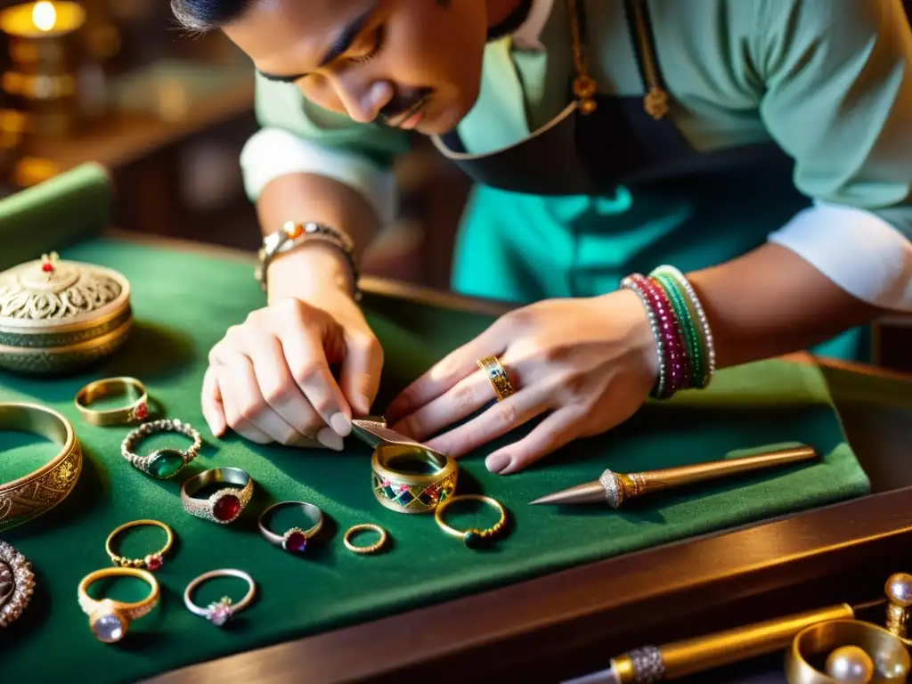 Un artesano experto crea una joya de lujo en un taller elegante