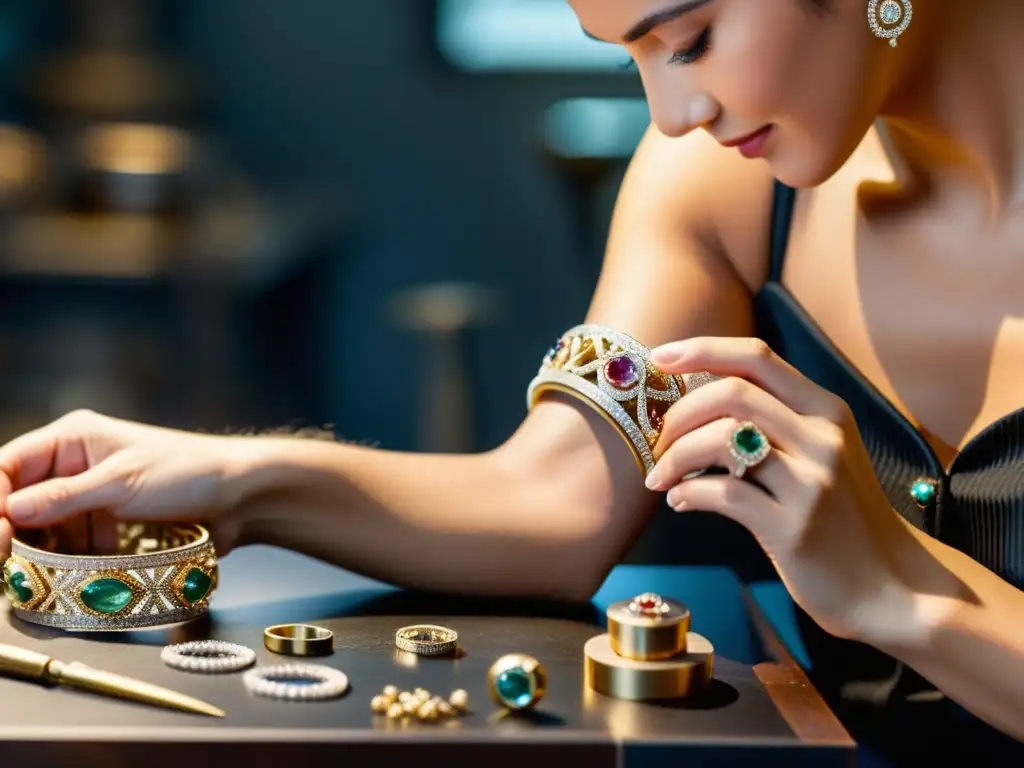 Un artesano experto en joyería de lujo trabaja en una pulsera con incrustaciones de diamantes, fusionando tradición y tecnología