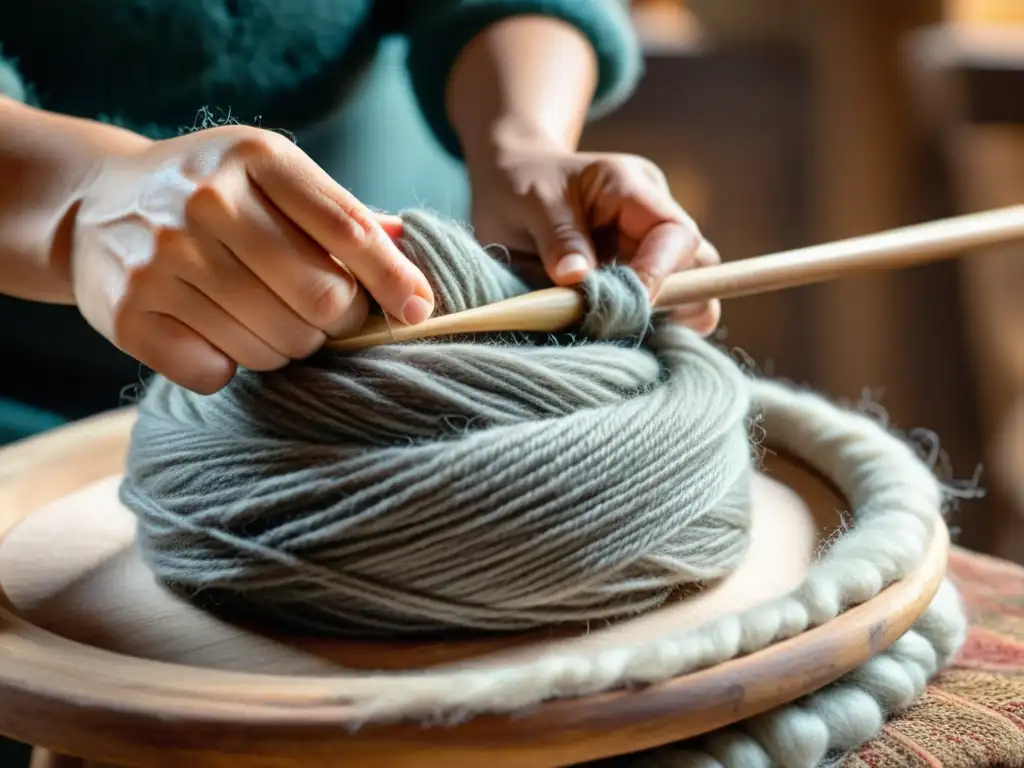 Un artesano experto hilando lujoso hilo de lana merino en un telar tradicional, destacando la textura y la riqueza de los colores naturales