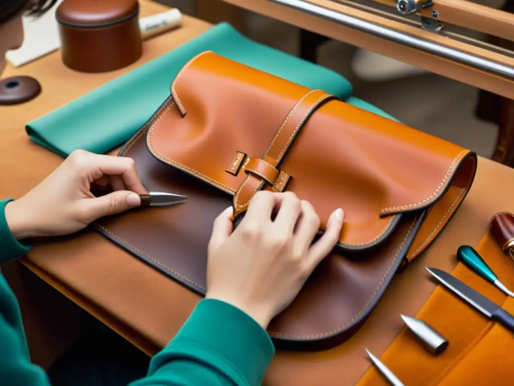 Un artesano experto confecciona a mano un lujoso bolso Hermès en un taller tradicional, destacando la artesanía y la historia de la moda Hermès