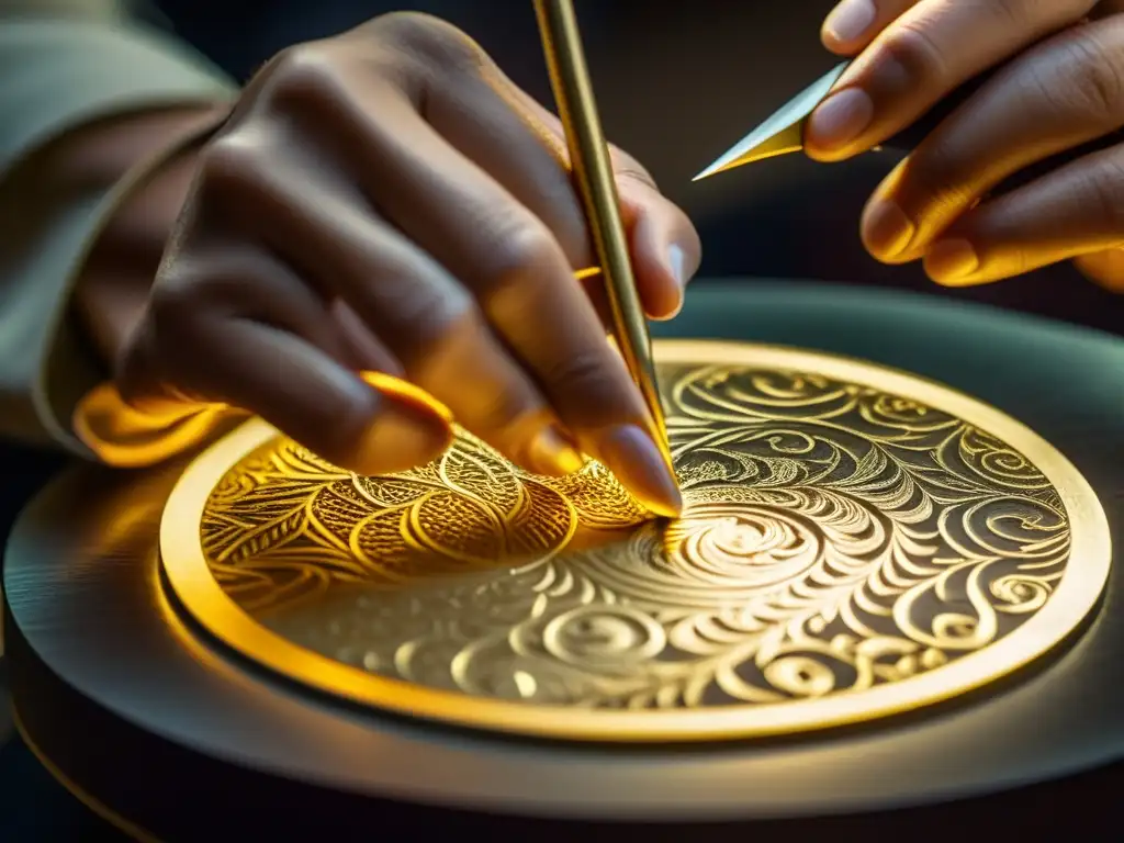 Un artesano experto cincela patrones en oro, reflejando la calidez del taller