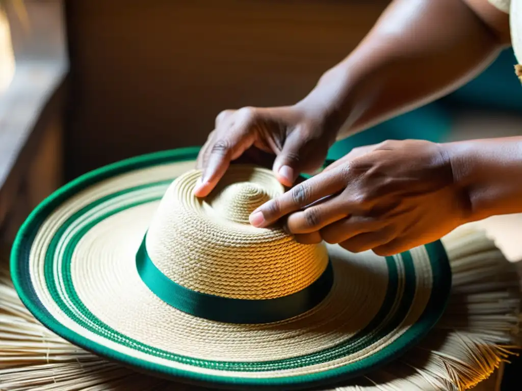 Un artesano experto teje con precisión un sombrero vueltiao, resaltando el significado cultural del emblemático sombrero colombiano