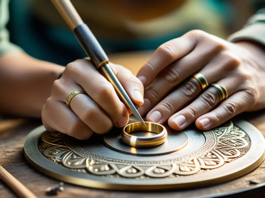 Un artesano experto preserva técnicas joyas artesanales, creando una pieza delicada con herramientas tradicionales