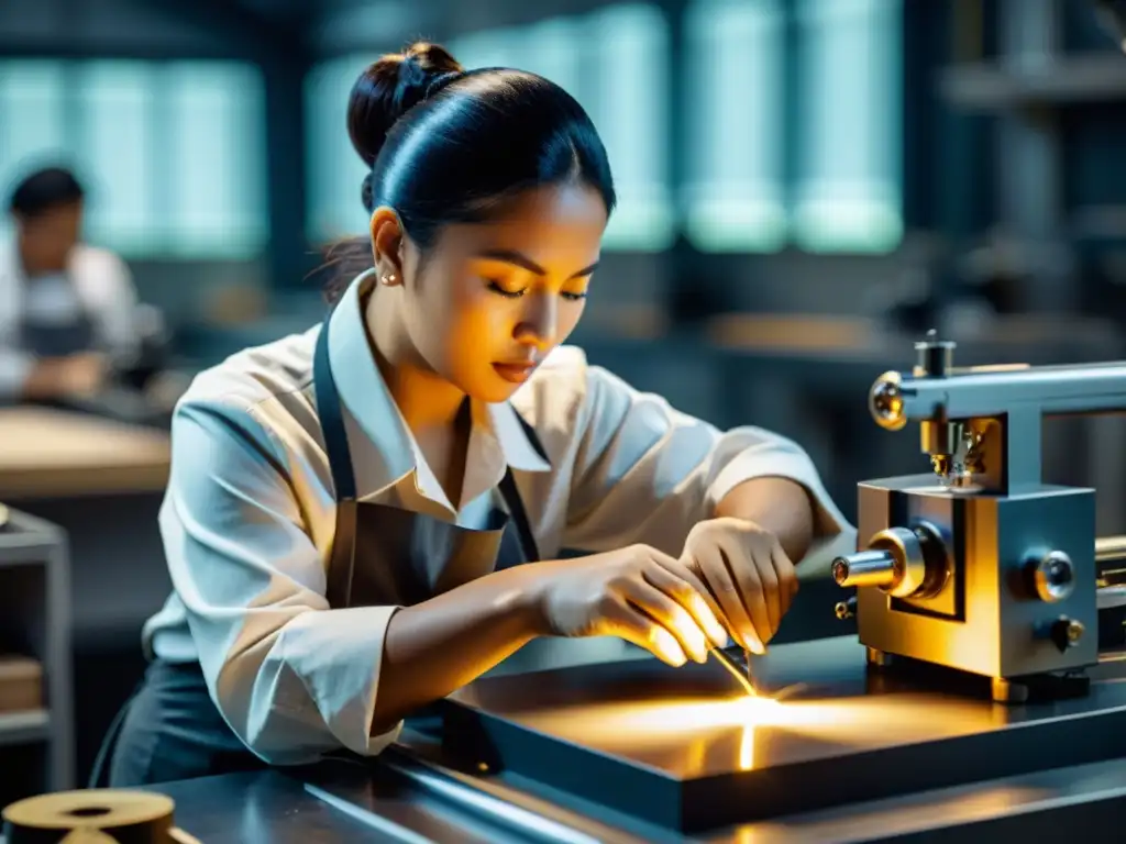 Un artesano experto utiliza tecnología avanzada para crear joyería delicada en un taller futurista