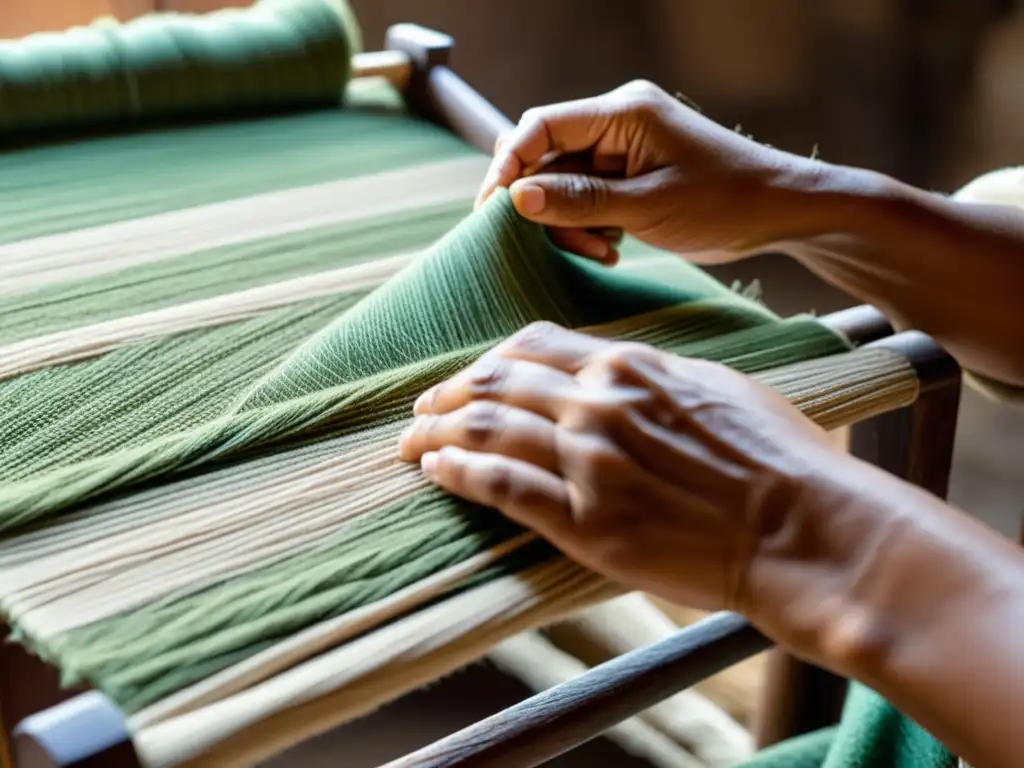 Un artesano teje meticulosamente fibras naturales, resaltando el impacto cultural de la arpillera con su labor y elegancia atemporal