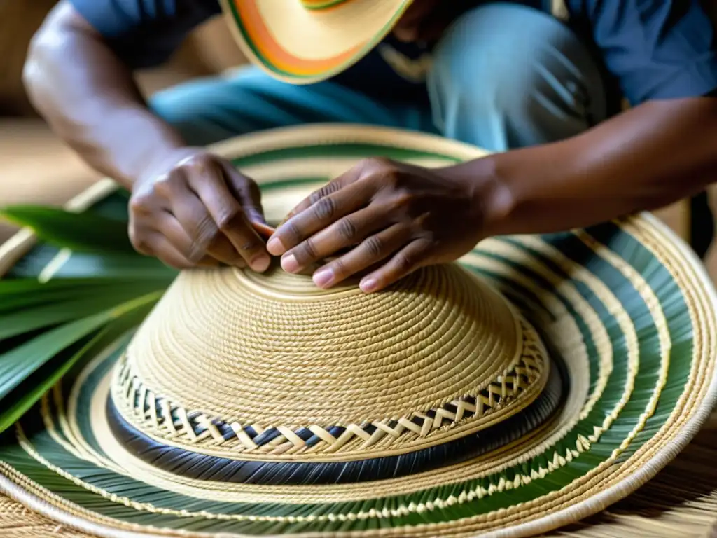 Un artesano hábil tejiendo un sombrero vueltiao con caña flecha, resaltando su significado cultural y artesanía tradicional colombiana