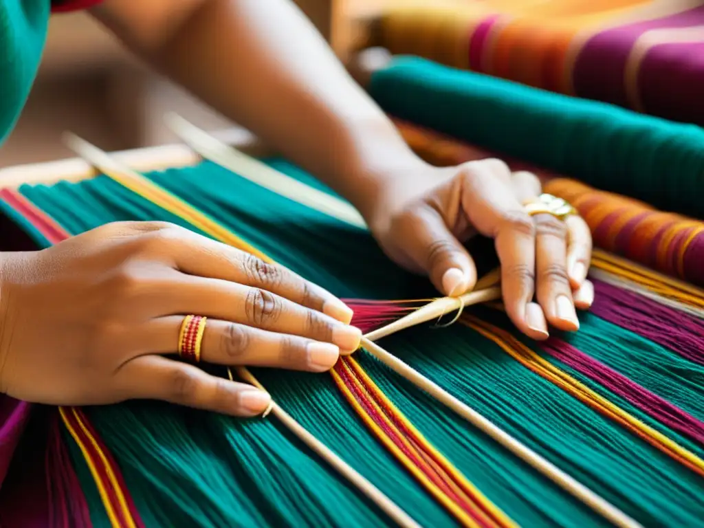 Un artesano teje con habilidad hilos vibrantes en un textil, mostrando el significado cultural de bordados étnicos con colores y detalles exquisitos