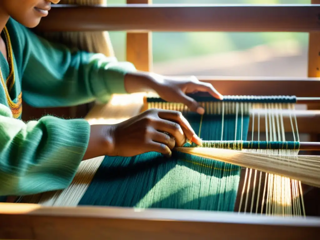 Un artesano habilidoso teje con cuidado fibras sostenibles en un telar tradicional, creando hermosos tejidos ecológicos alta costura